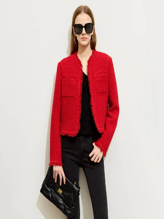 Minimalist Small Fragrant  Winter/Spring/Fall season, Women, Woolen Coat, New Short Top Tweed Single-breasted O-Neck, Elegant, red  71 427 321 893, 888 912 818848 