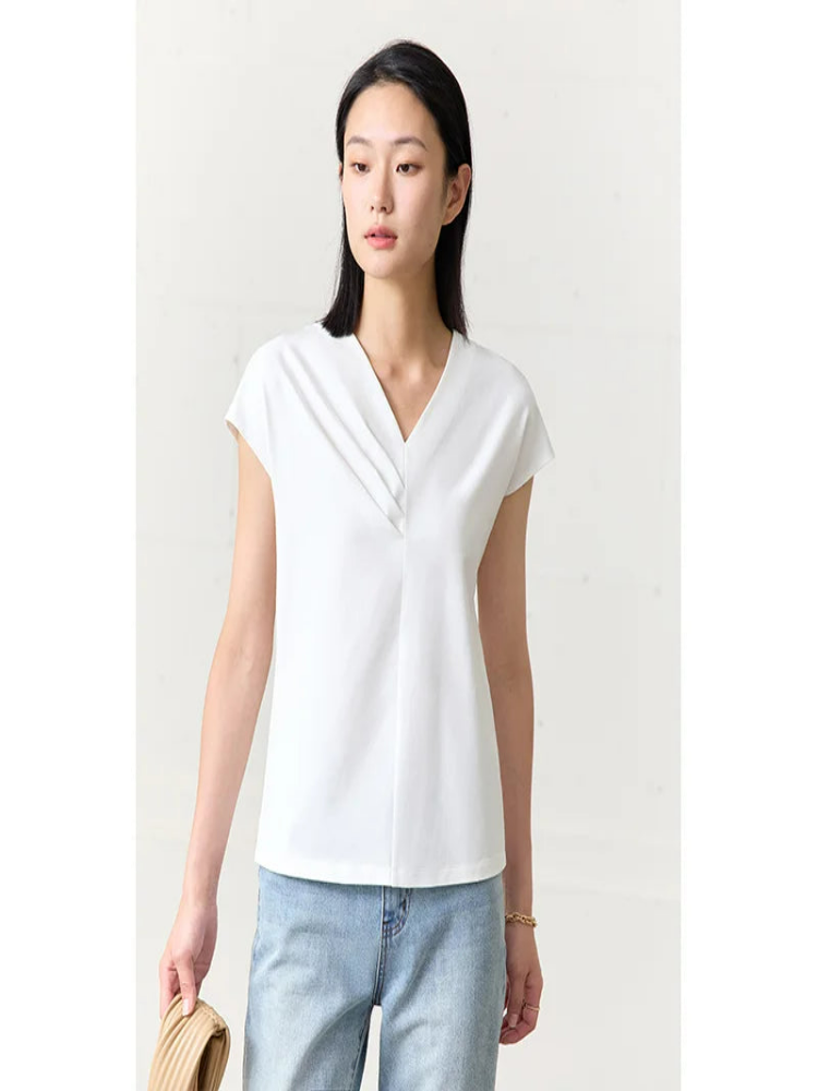 Minimalism V Neck Chic T Shirt Women Sprimg Summer New Straight Tees Short Sleeves Office Lady Elastic Casual Top 71 427 321 893, 888 912 818848, white