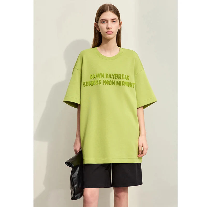  Minimalism Spring T-shirts For Women New Round Neck Letters Embroidery Loose Casual Stretch Short Sleeve Tops  71 427 321 893, 888 912 818848,  GREEN