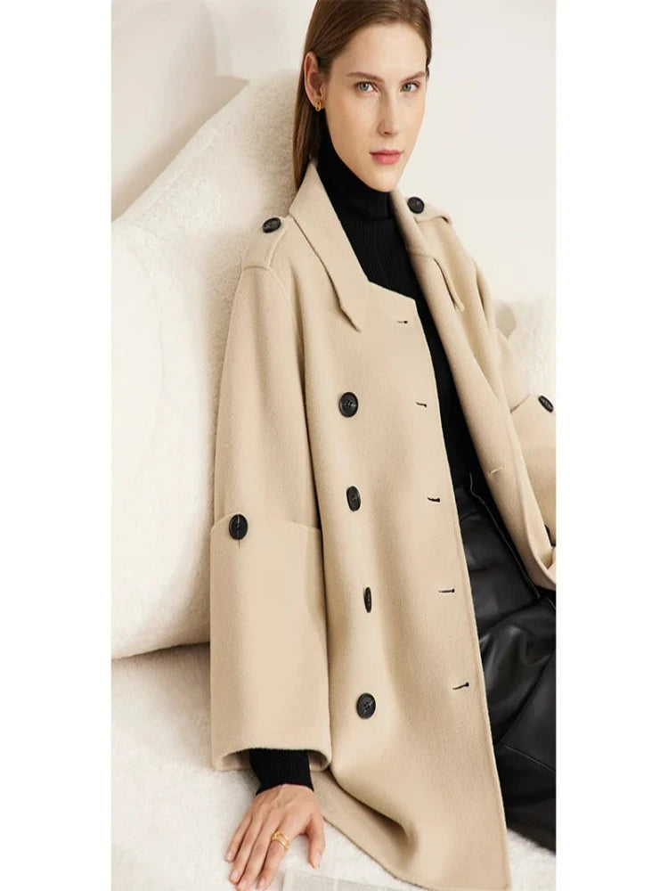  Minimalist England Style Women Woolen Coat  New Loose Casual Double Breasted Office Lady Solid Blend, 100%wool, spring, fall season, tea white color, beige light, light color