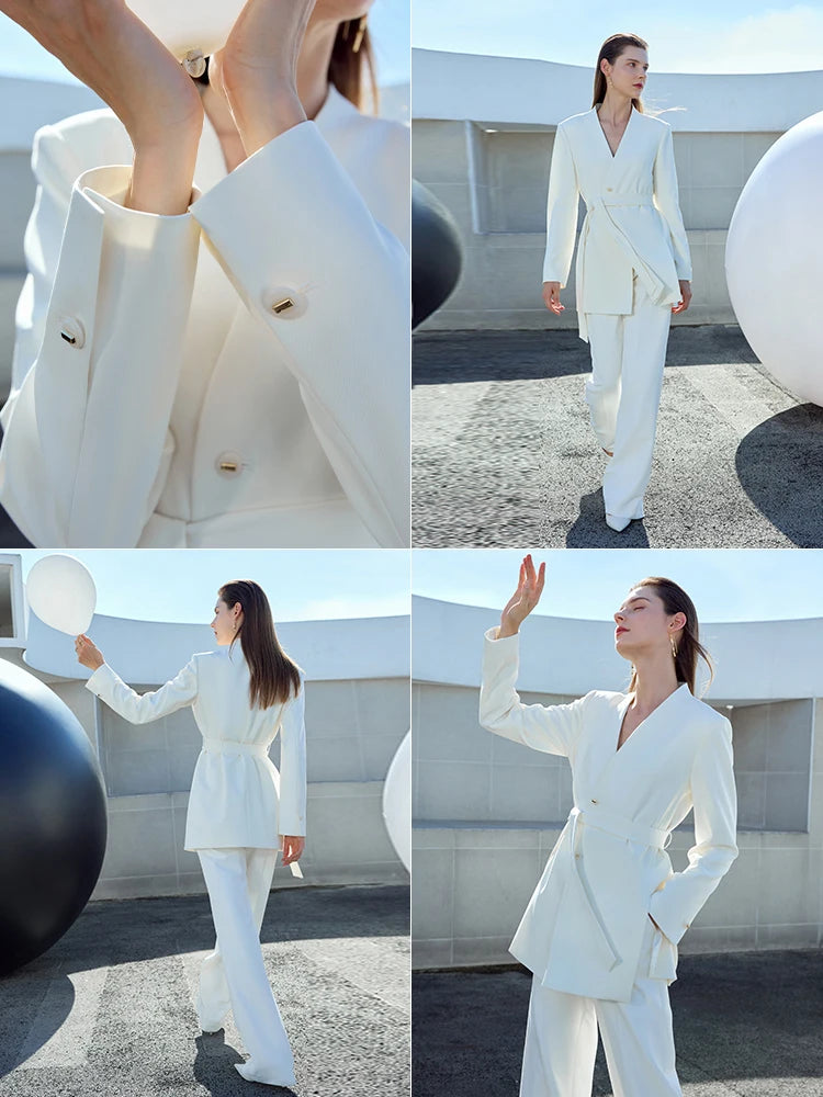 Minimalist Coat for Women, Spring, Summer, Autumn Casual Blazer Belt Solid V-Neck Loose Office Lady Tailored Coat 71 427 321 893, 888 912 818848, BEIGE