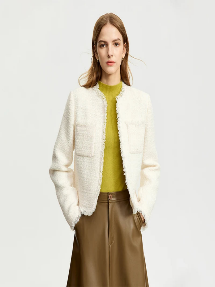 Minimalist Small Fragrant  Winter/Spring/Fall season, Women, Woolen Coat, New Short Top Tweed Single-breasted O-Neck, Elegant, beige 71 427 321 893, 888 912 818848 