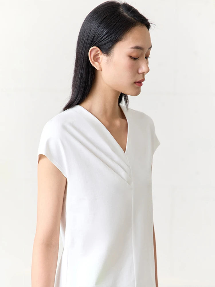 Minimalism V Neck Chic T Shirt Women Sprimg Summer New Straight Tees Short Sleeves Office Lady Elastic Casual Top 71 427 321 893, 888 912 818848, white