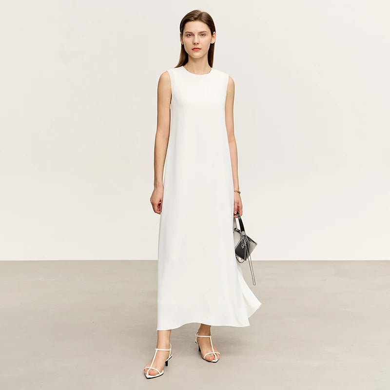 Minimalism Solid Sleeveless Twill Loose Waist Women's Dress Spring, Summer New Chiffon Female Elegant Long Sundres     71 427 321 893, 888 912 818848, white