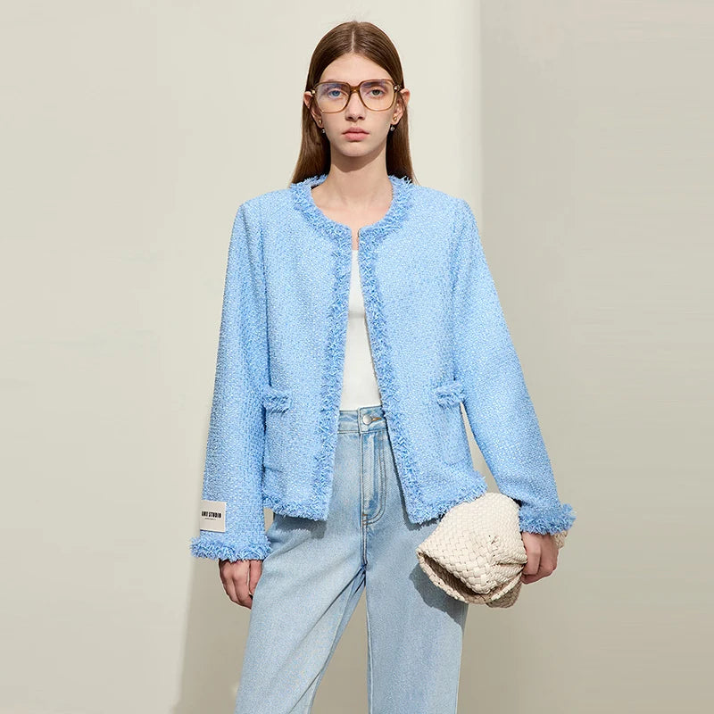   Minimalism Chambray Tweed Short Jacket For Women 2024 Spring New Elegant Crewneck Burlap Tassel Wide-waisted Coats , sky blue