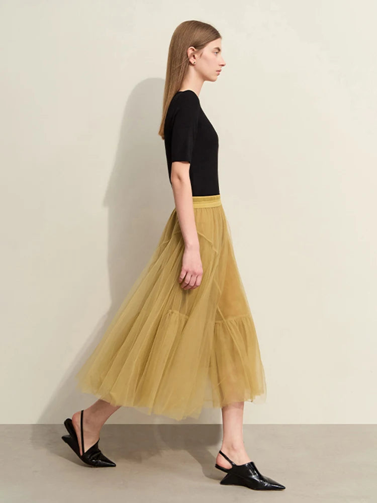 Minimalism; Spring New Fairy Style Woman's Fluffy Skirts Multi-layer Mesh A-line Half-body Skirt French SkirT  71 427 321 893, 888 912 818848, mustard yellow