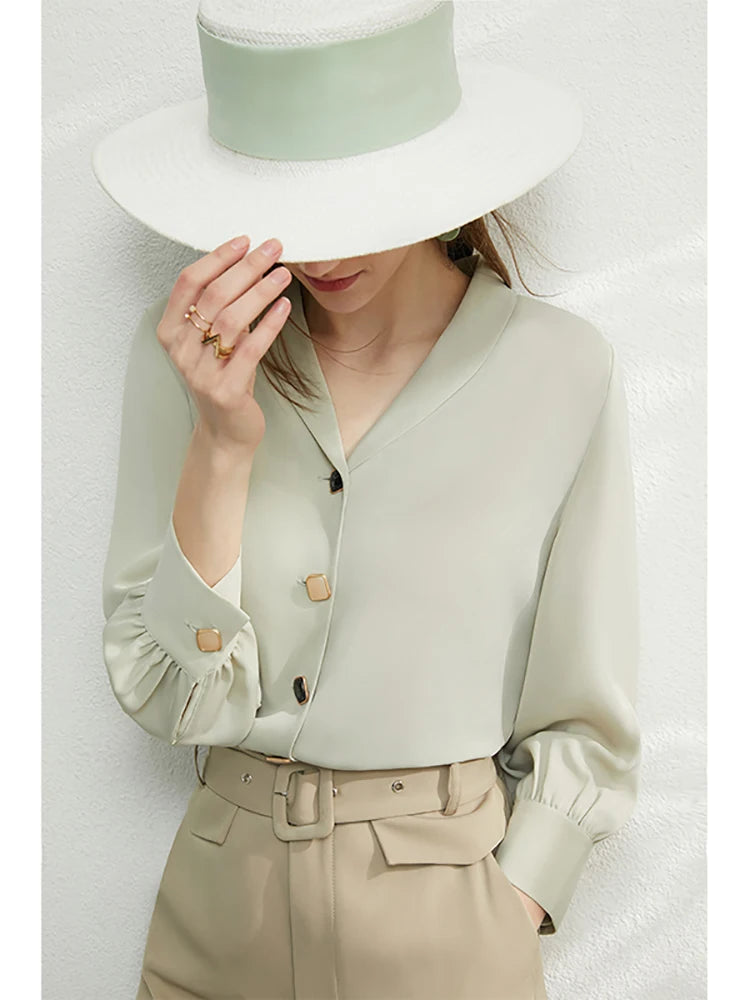 Minimalism Blouse Women Spring Vneck Solid Chiffon Blouse Office Lady Casual Shirts Elegant Blusas FemalE 71 427 321 893, 888 912 818848,  green