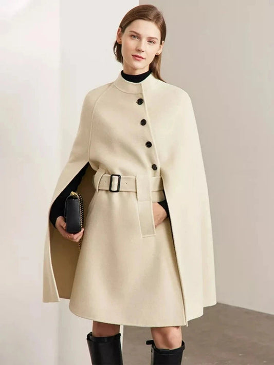 Minimalist 100% wool coat for women, warm and elegant overcoat, fashionable, bat sleeves, suburban clothing, elegant, spring, autumn, beige