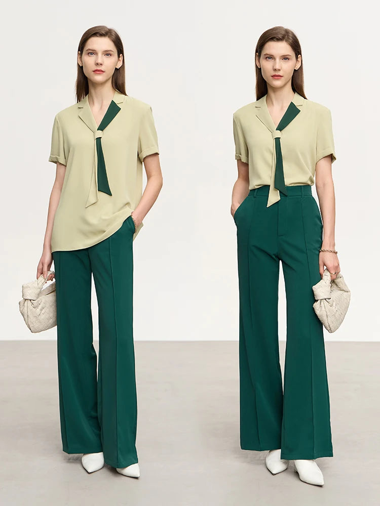 Minimalism Office Lady V Neck Shirts & Blouses Summer New Contrasting Colors Tie Short Sleeves Chiffon Tops  71 427 321 893, 888 912 818848,  green