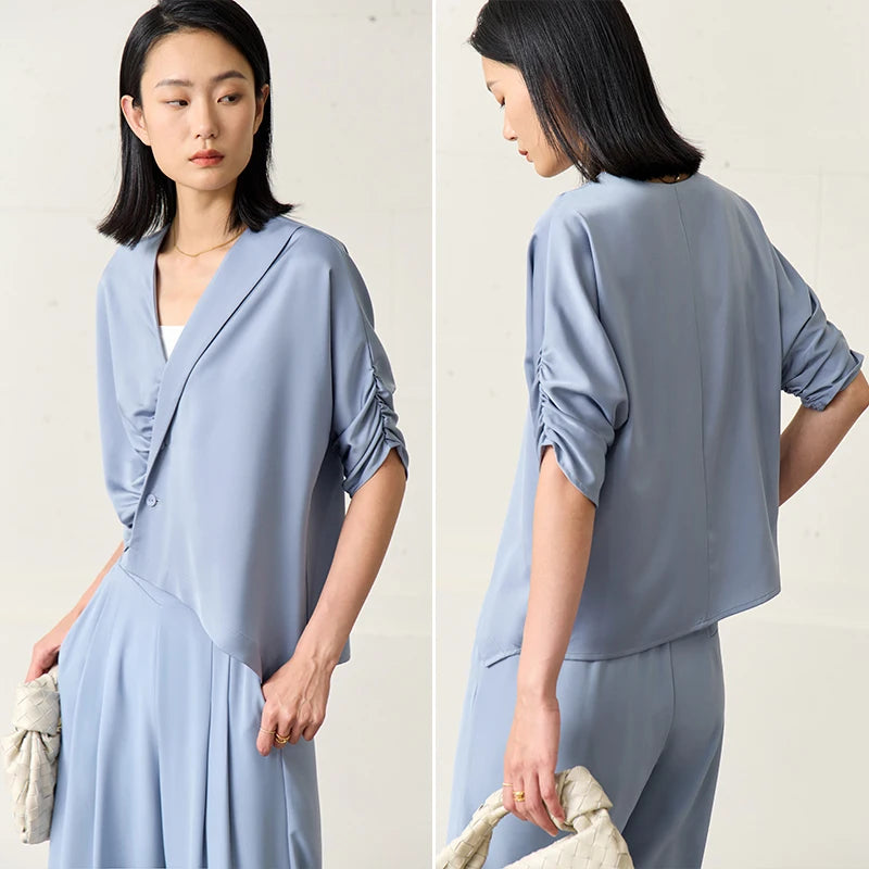 Minimalism Women Summer Shirts Office Lady Fashion Blouse Solid Half Sleeve Loose Female Chic Tops   71 427 321 893, 888 912 818848, BLUE