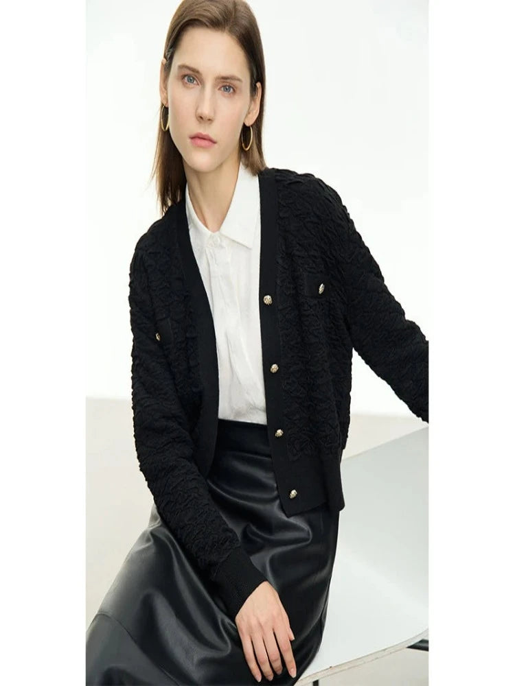 Minimalism Cardigan, Women, Autumn, Spring,  Small Fragrant, V-neck, Knitted, Short, French style,  Retro, Elegant, Black