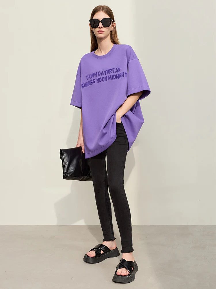  Minimalism Spring T-shirts For Women New Round Neck Letters Embroidery Loose Casual Stretch Short Sleeve Tops  71 427 321 893, 888 912 818848, PURPLE