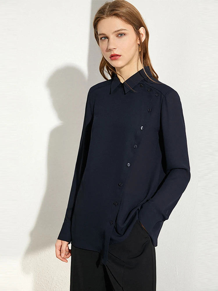 Minimalism Shirt for Women Spring Chiffon Design Sense Asymmetric Shirt Professional Long Sleeve Tops 71 427 321 893, 888 912 818848,  SCUBA BLUE 