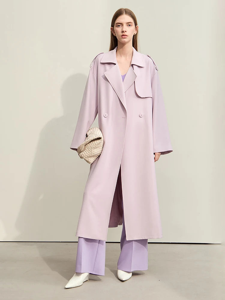  Minimalism Trench Coat for Women 2024 Spring New Commuter With Belt High Open Fork Long Dopamine Color Lady Blouse , light purple