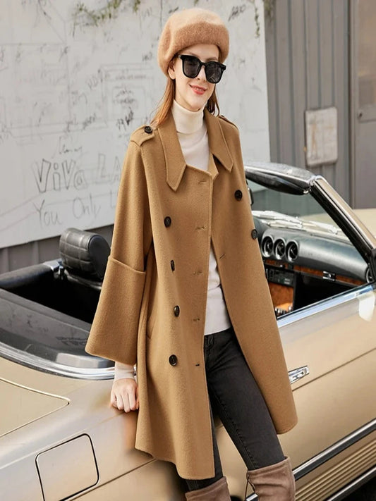  Minimalist England Style Women Woolen Coat  New Loose Casual Double Breasted Office Lady Solid Blend, 100%wool, spring, fall season, camel