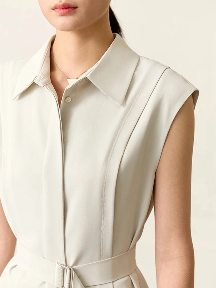 Minimalism Summer New Office Lady Turndown Collar Shirts Blouses with Belt Waist Sleeveless Women's Shirt71 427 321 893, 888 912 818848, APRICOT 