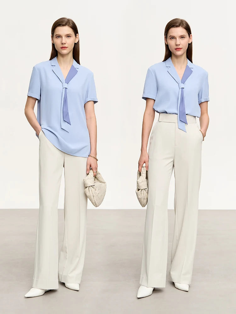 Minimalism Office Lady V Neck Shirts & Blouses Summer New Contrasting Colors Tie Short Sleeves Chiffon Tops  71 427 321 893, 888 912 818848, BLUE