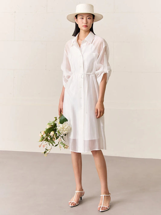 Minimalism Fashion Sheer Belt Shirt Dresses for Women Summer New Solid Office Lady Elegant Camisole Vestidos 71 427 321 893, 888 912 818848, white