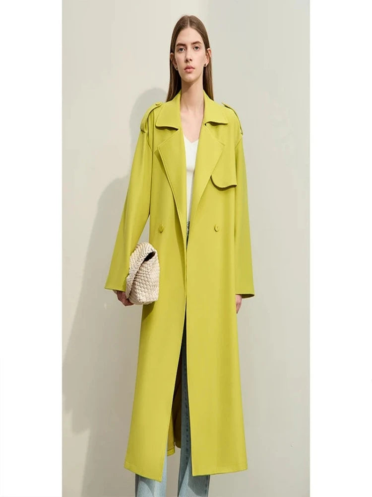  Minimalism Trench Coat for Women 2024 Spring New Commuter With Belt High Open Fork Long Dopamine Color Lady Blouse , yellow