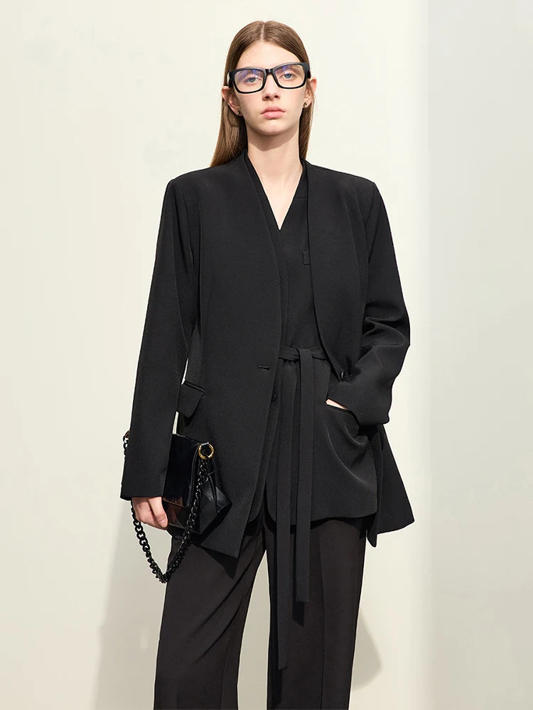 black, Minimalism Blazers For Women 2024 Spring New Commuter Long V-Neck Solid Loose Trendy Blazer Single Button