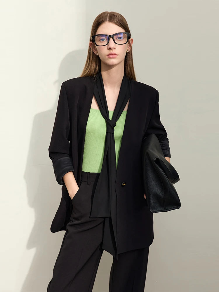 Minimalism 2024 Blazers For Women Spring New Straps V-neck Solid Loose Mid-length Formal Professional Coat Female , abricot