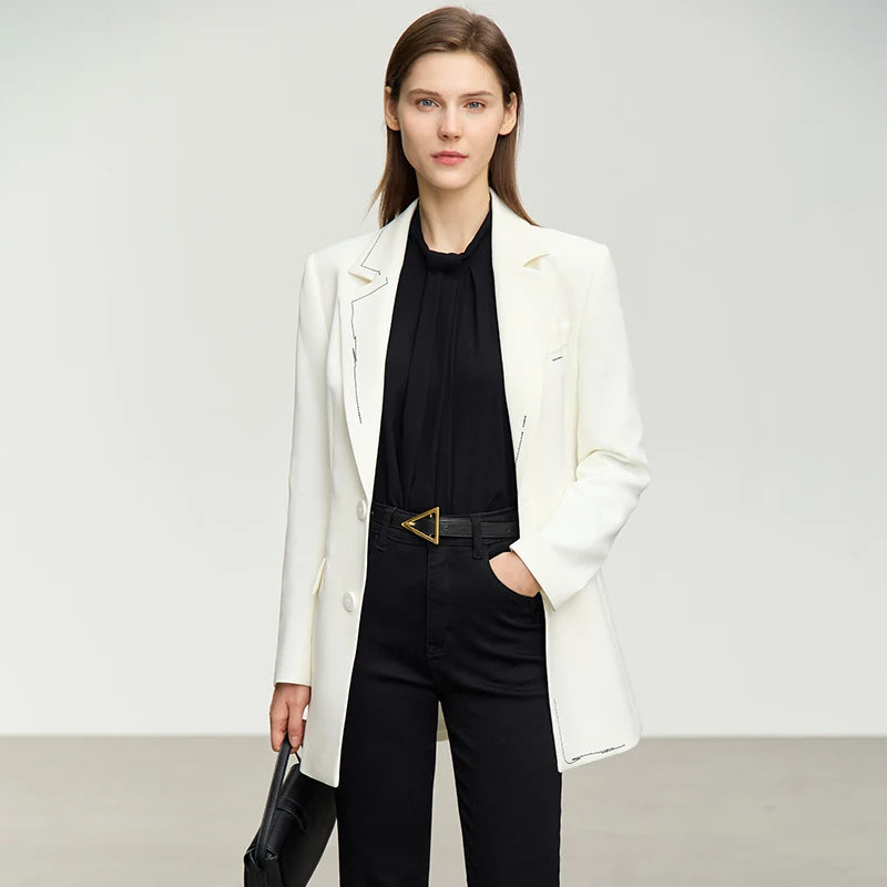 Minimalist Blazer for Women Spring,  Autumn New Style Office Lady Fashion Embroidery Slim Mid-length Blazer & Suits, Black, white