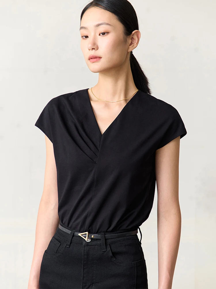 Minimalism V Neck Chic T Shirt Women Sprimg Summer New Straight Tees Short Sleeves Office Lady Elastic Casual Top 71 427 321 893, 888 912 818848, black