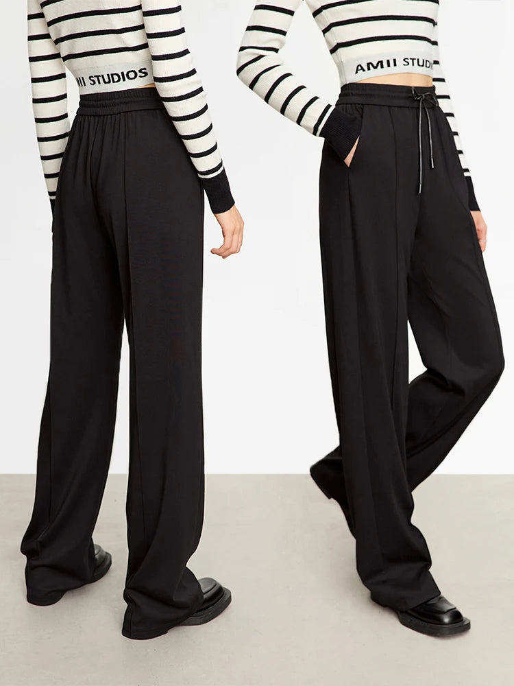 Minimalist  Casual Pants, Women, Spring, Summer, Autumn, Winter, New Loose Floor Length Drawstring Pleated Straight Trousers, 71 427 321 893 , 888 912 818848, Black  