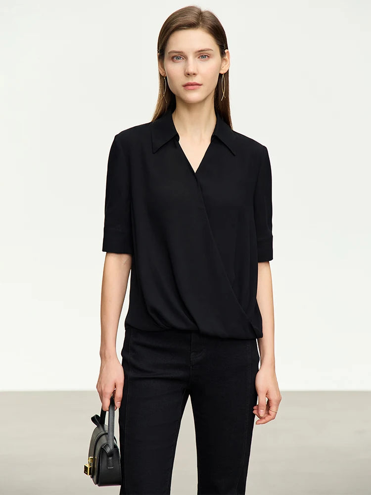  Minimalism Fashion Woman Shirts New Turn-down Collar Chiffon Blouse Half Sleeve Top Women's Shirts & Blouses  71 427 321 893, 888 912 818848,  BLACK