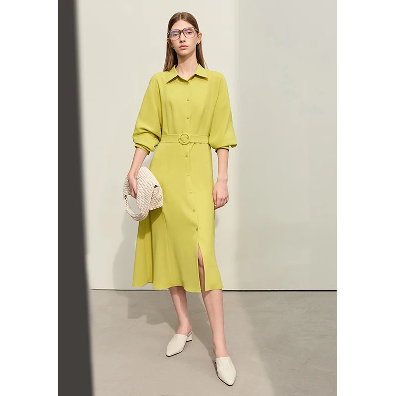  Minimalism Dresses For Women Spring New Commuter Solid Slim With Belt Lapel Long Sleeve Shirt Collar Dress71 427 321 893, 888 912 818848, mustard green