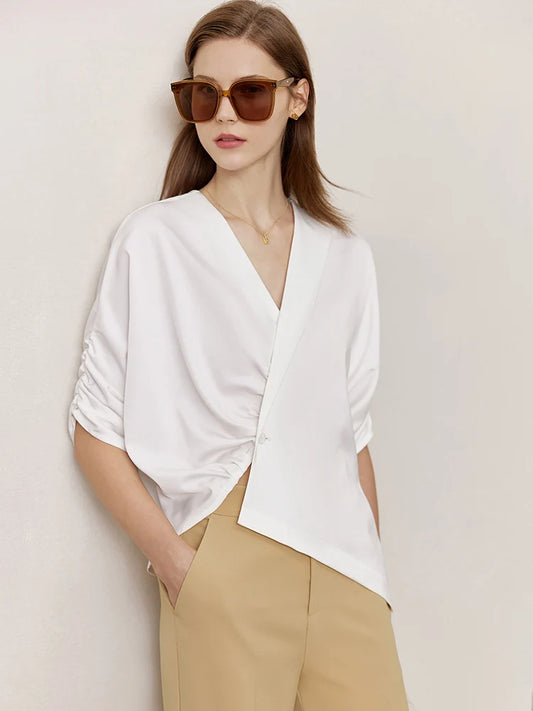 Minimalism Women Summer Shirts Office Lady Fashion Blouse Solid Half Sleeve Loose Female Chic Tops   71 427 321 893, 888 912 818848,  WHITE