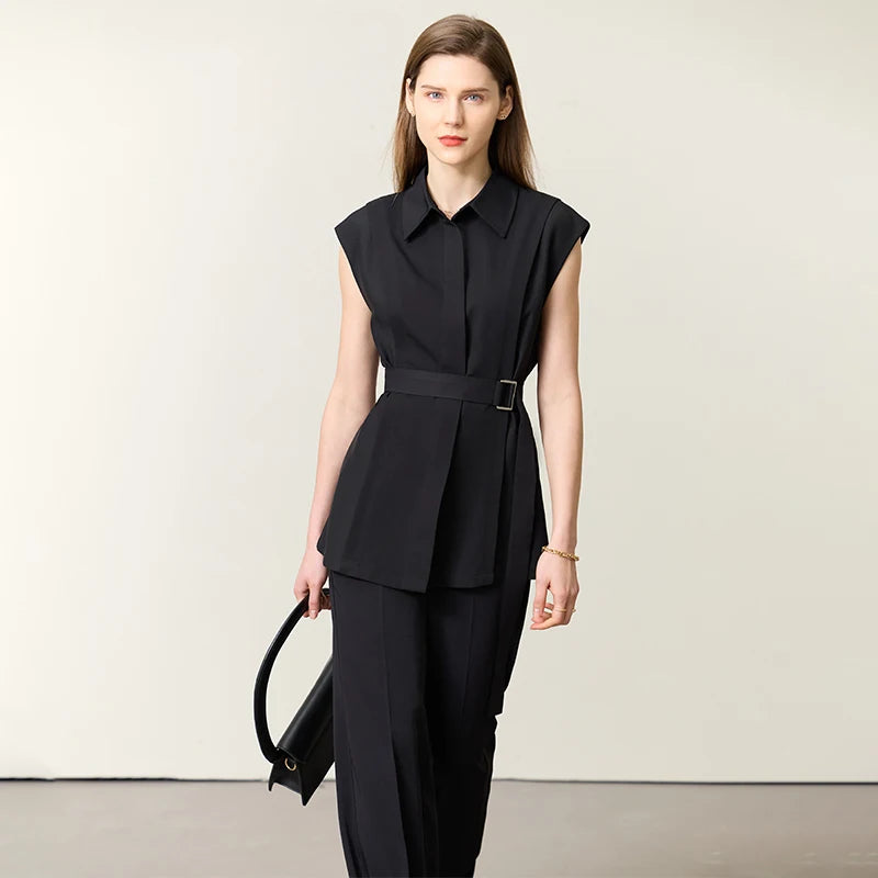 Minimalism Summer New Office Lady Turndown Collar Shirts Blouses with Belt Waist Sleeveless Women's Shirt71 427 321 893, 888 912 818848, BLACK