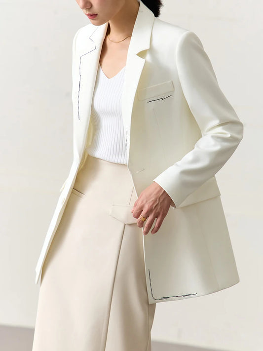 Minimalist Blazer for Women Spring,  Autumn New Style Office Lady Fashion Embroidery Slim Mid-length Blazer & Suits, Black, white