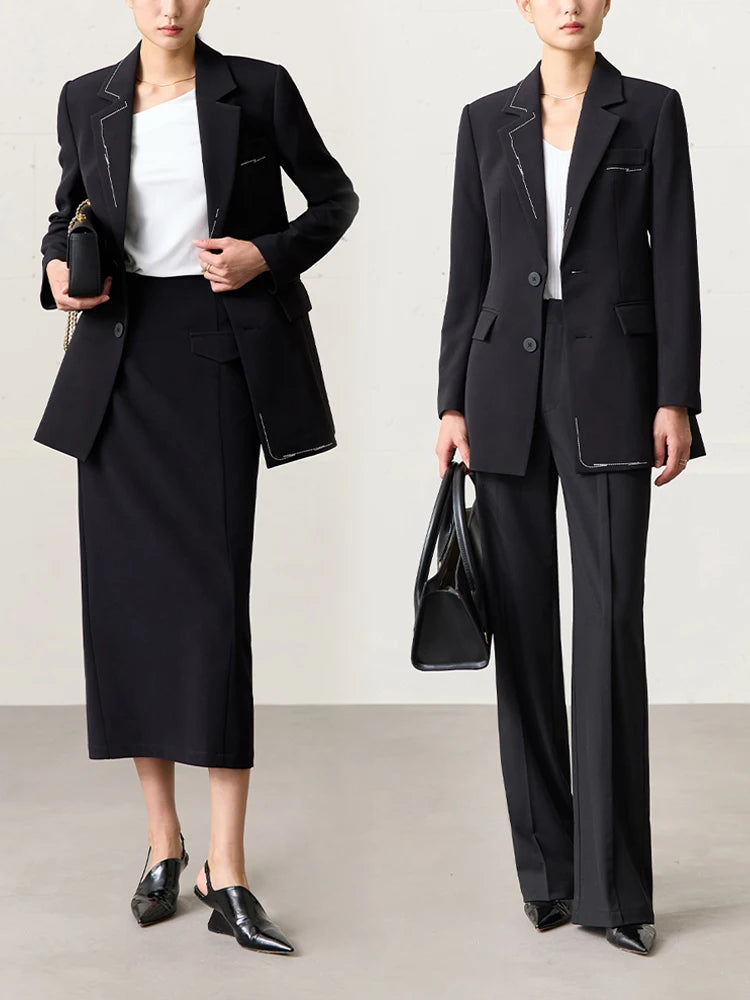 Minimalist Blazer for Women Spring,  Autumn New Style Office Lady Fashion Embroidery Slim Mid-length Blazer & Suits, Black, white