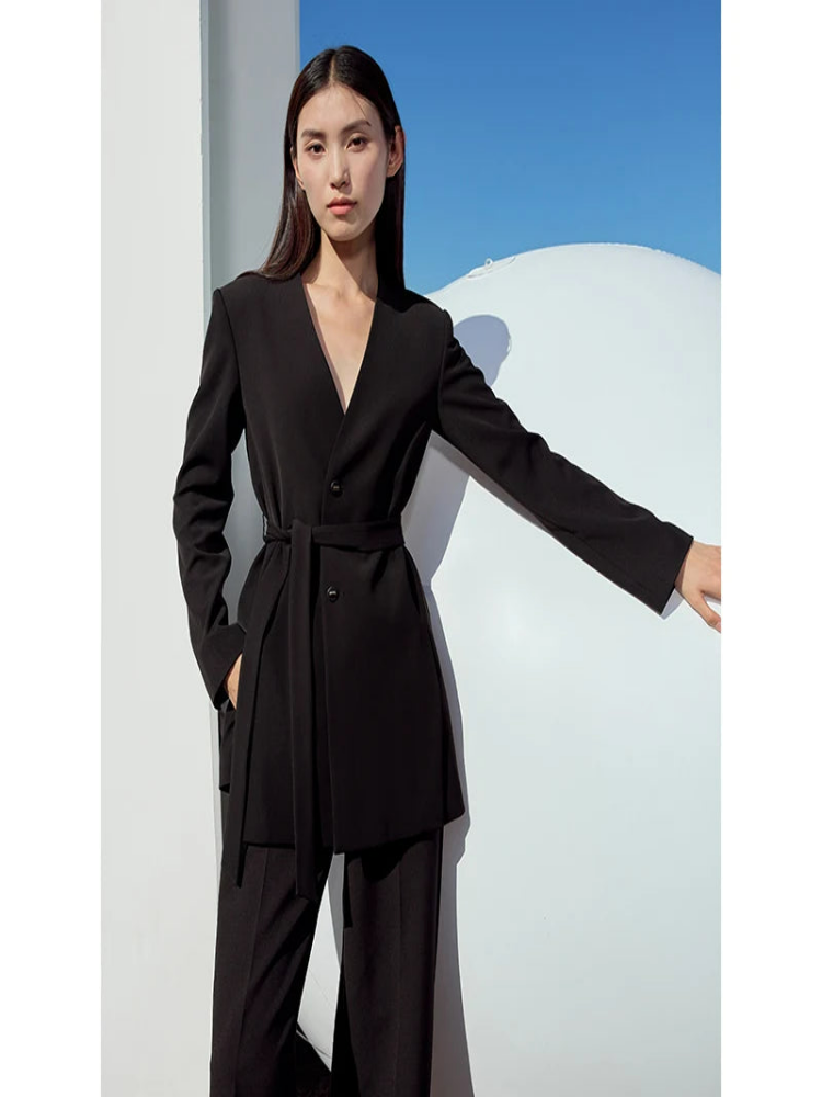 Minimalist Coat for Women, Spring, Summer, Autumn Casual Blazer Belt Solid V-Neck Loose Office Lady Tailored Coat 71 427 321 893, 888 912 818848, black