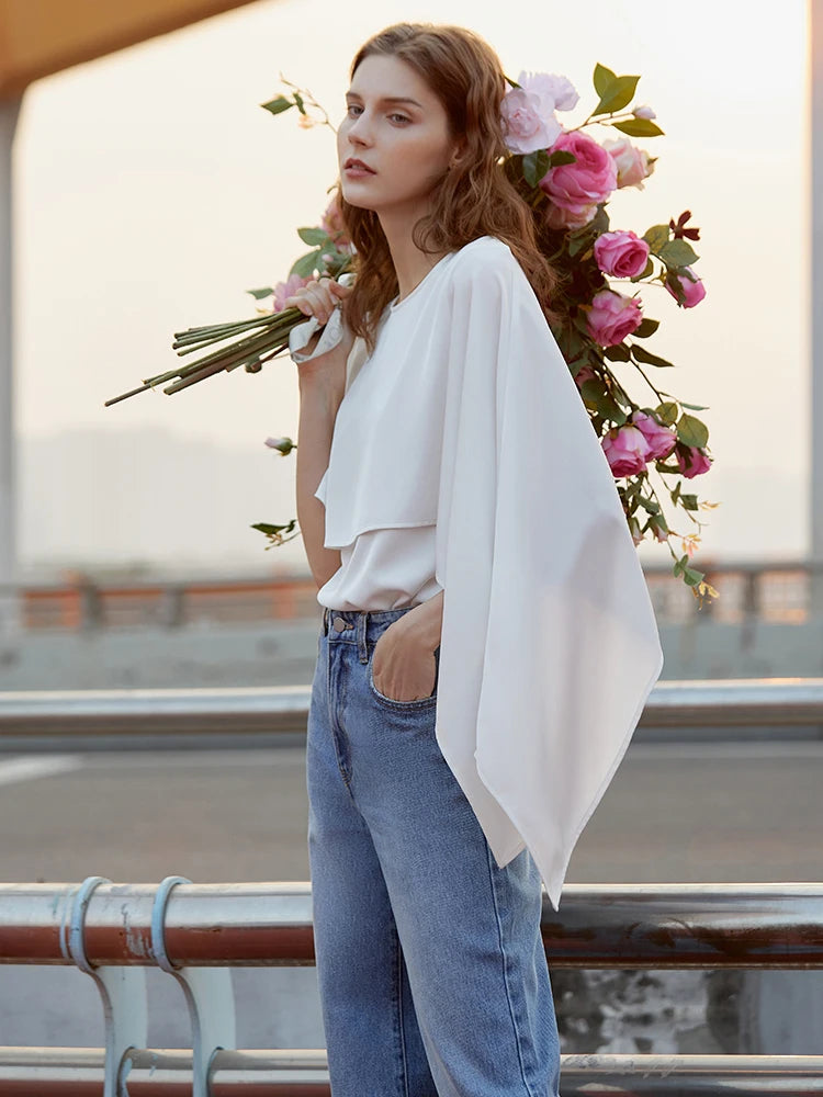 Minimalism Fashion Chic Shirts &amp; Blouses Spring Summer Office Lady Butterfly Sleeve Elegant and Youth Woman Blouses 71 427 321 893, 888 912 818848, white