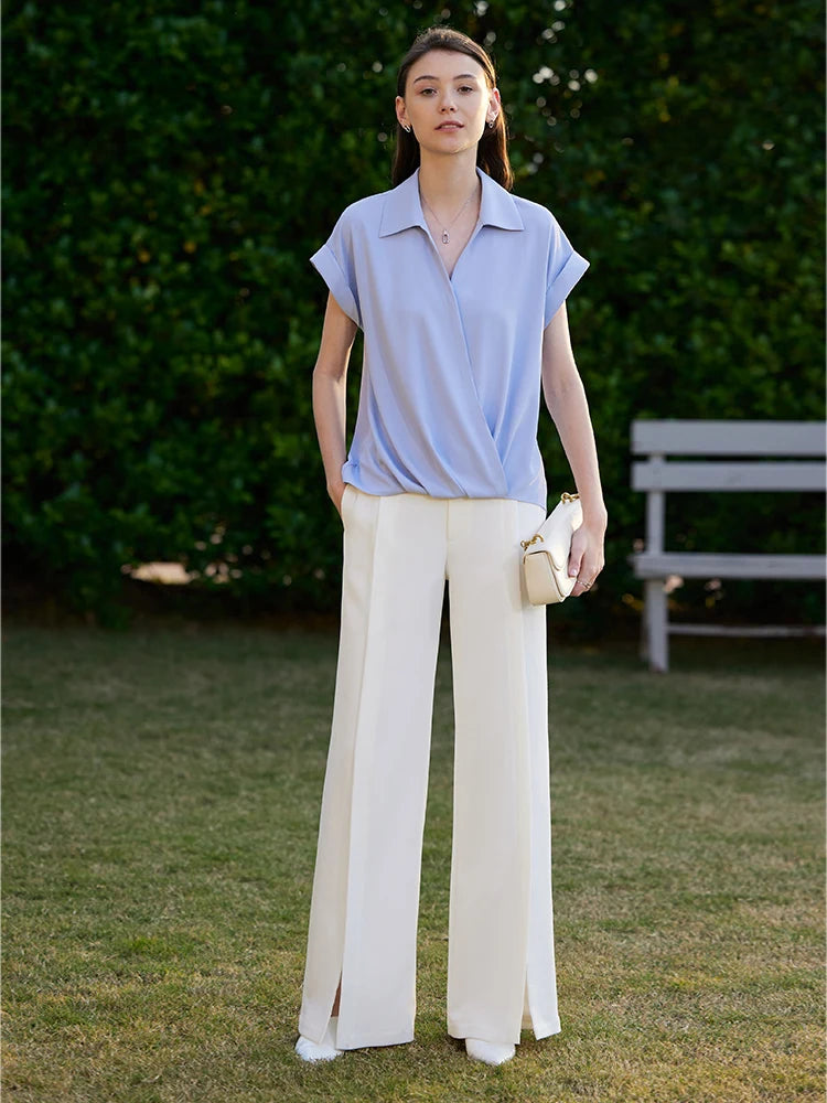 Minimalism Elegant Woman Blouses Summer Chiffon Shirts Solid Loose Turndown Collar V Neck Shirts &amp; Blouses 71 427 321 893, 888 912 818848, BLUE