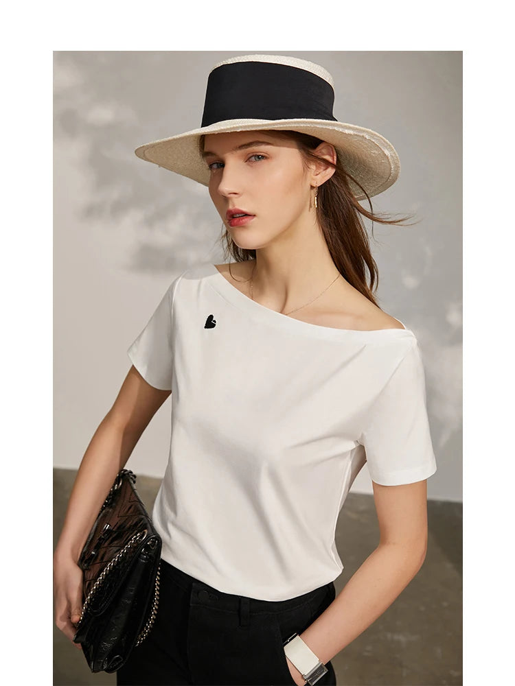 Minimalism T-shirt Women Spring New Petite Niche Design All-match Office Lady Slash Neck Loose Embroidery   71 427 321 893, 888 912 818848,   BEIGE