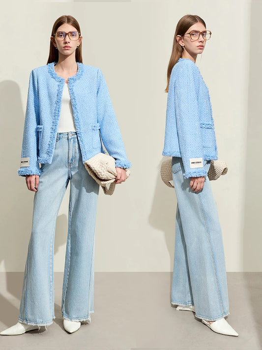   Minimalism Chambray Tweed Short Jacket For Women 2024 Spring New Elegant Crewneck Burlap Tassel Wide-waisted Coats , sky blue