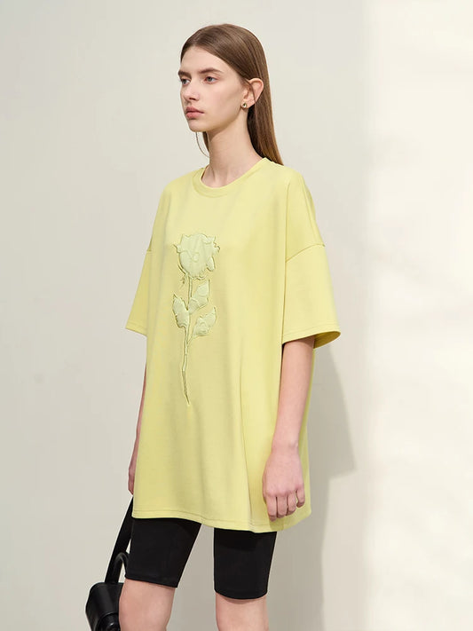 Minimalism T-shirts for Women Spring New Mid-length Loose Drop Short Sleeves Embroidery Stretch O-Neck Tops  71 427 321 893, 888 912 818848, soft green/ yellow