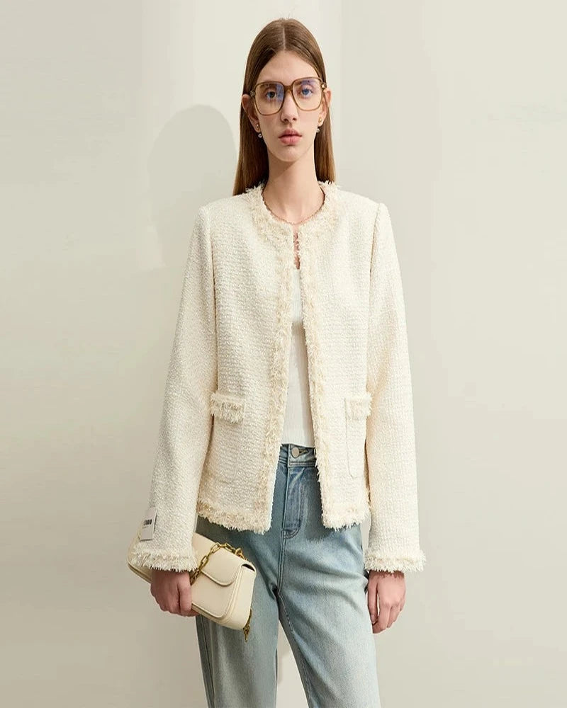   Minimalism Chambray Tweed Short Jacket For Women 2024 Spring New Elegant Crewneck Burlap Tassel Wide-waisted Coats , beige