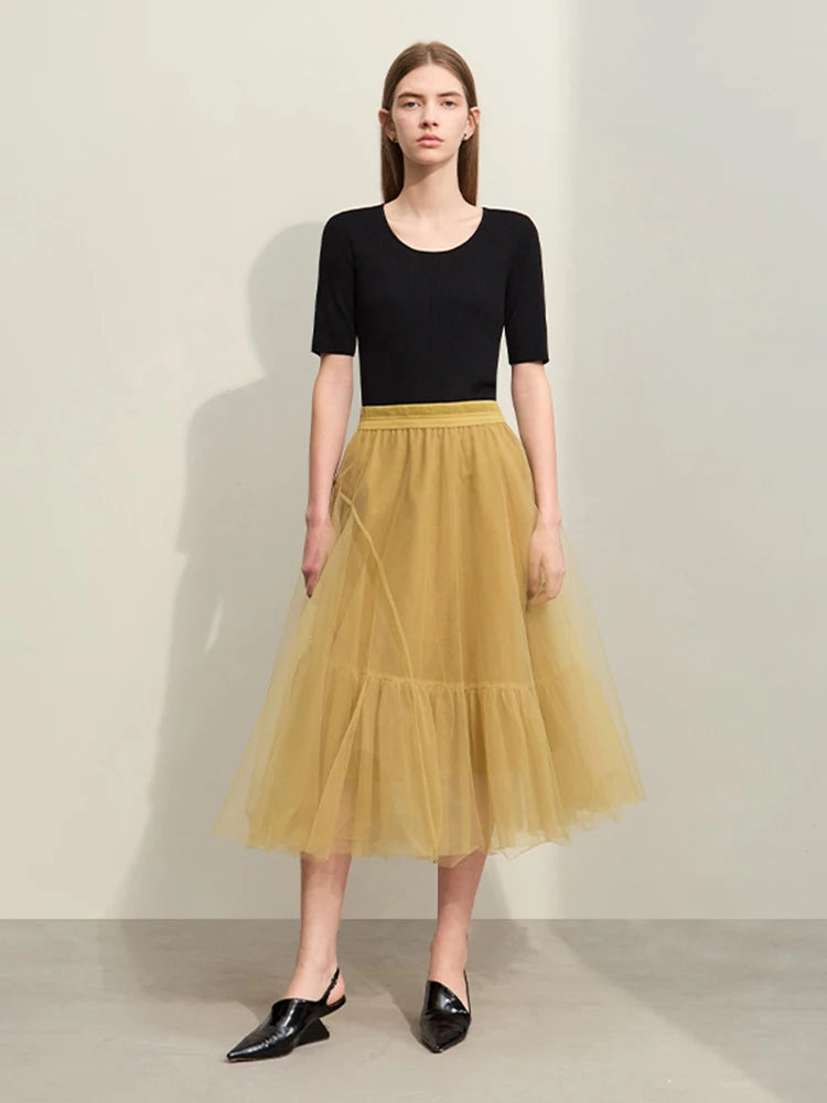 Minimalism; Spring New Fairy Style Woman's Fluffy Skirts Multi-layer Mesh A-line Half-body Skirt French SkirT  71 427 321 893, 888 912 818848, mustard yellow