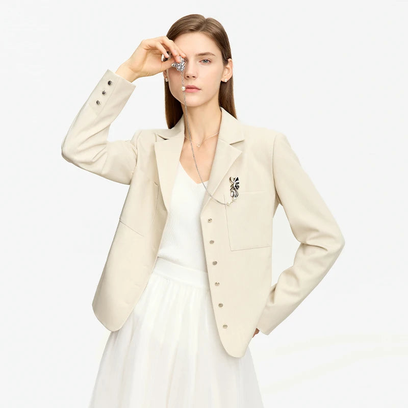 Minimalism England Style Tailored Coat for Women, Spring, Autumn New Chains Decorate Wide-waisted Solid Small Blazer, Beige