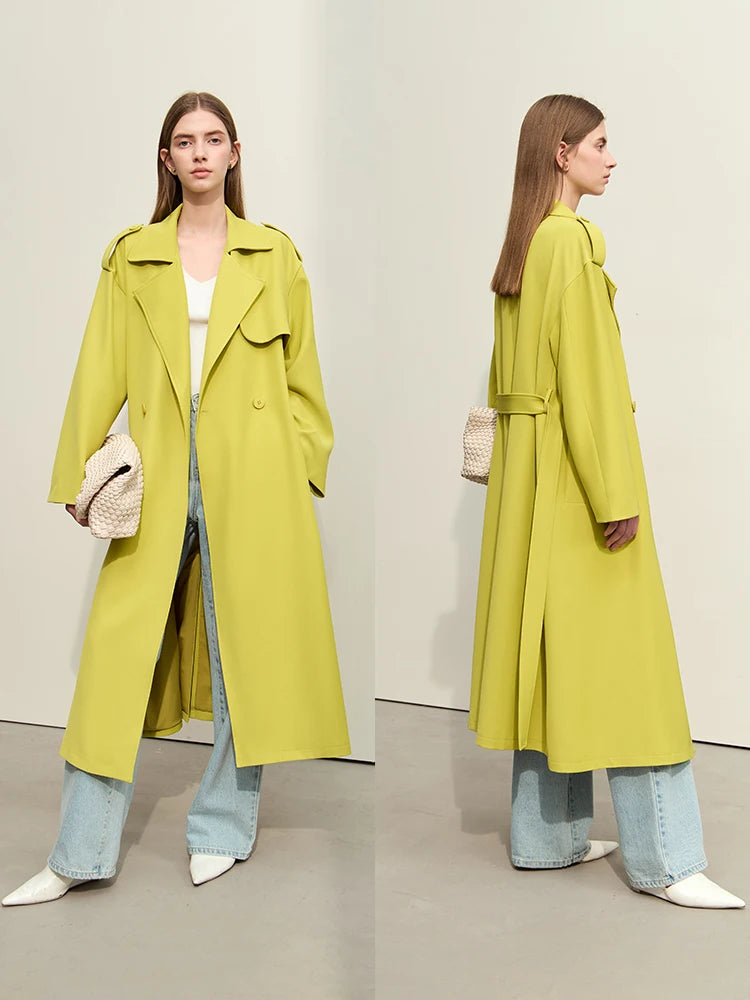  Minimalism Trench Coat for Women 2024 Spring New Commuter With Belt High Open Fork Long Dopamine Color Lady Blouse , Yellow