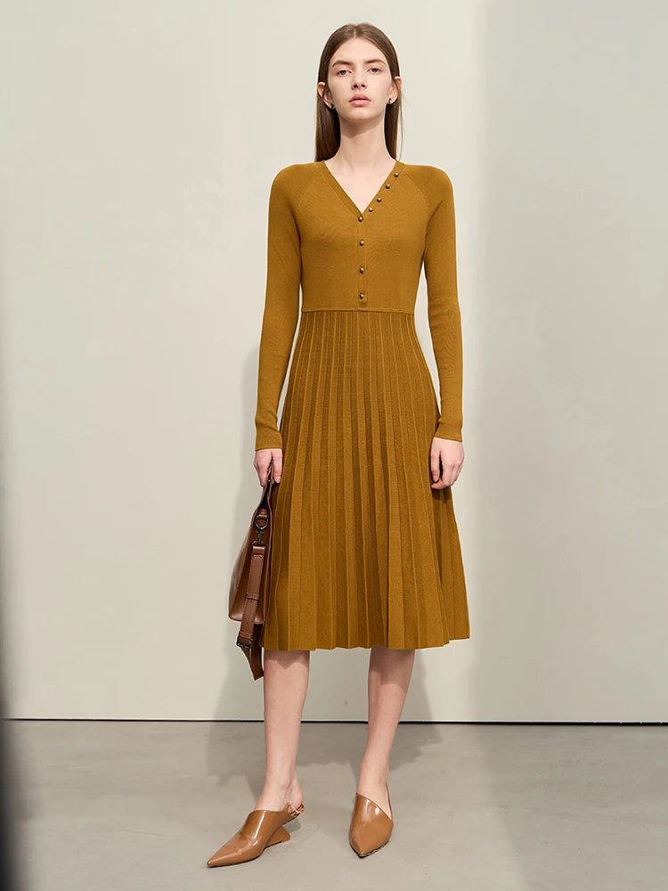  Minimalist French Fashion Women Dress spring, summer, Autumn New Slim Fit A-line Knitted V-neck Button Pleated Solid Dresses     71 427 321 893, 888 912 818848, camel