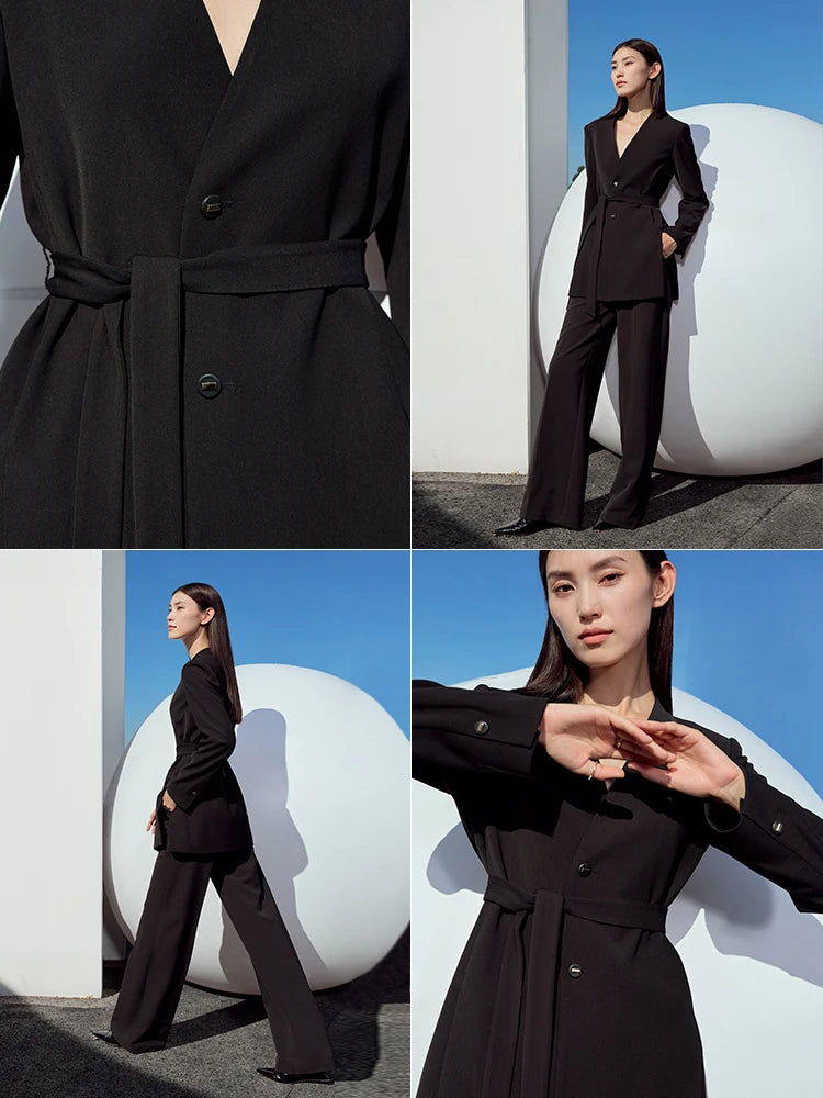 Minimalist Coat for Women, Spring, Summer, Autumn Casual Blazer Belt Solid V-Neck Loose Office Lady Tailored Coat 71 427 321 893, 888 912 818848, black