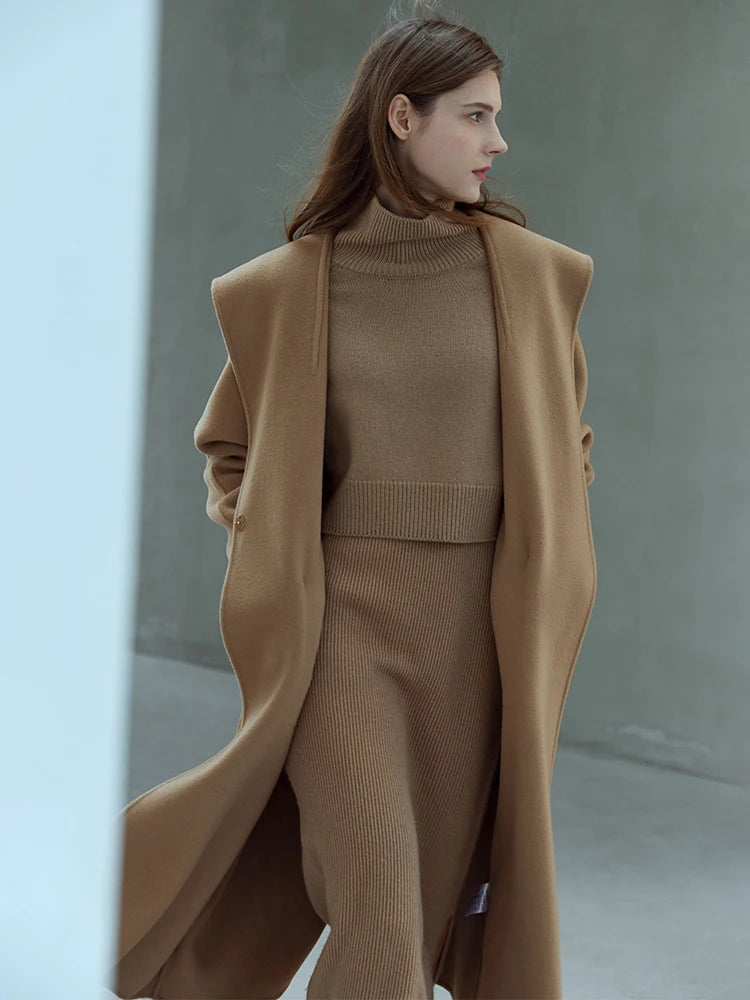 Minimalism 100% Wool Coats Women,Winter New Warm Solid Temperament Elegant Casual Vintage Commuter Long Coats, spring, fall season, camel