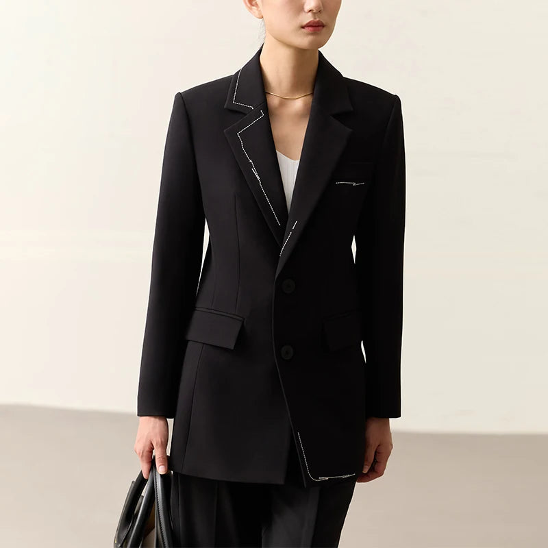 Minimalist Blazer for Women Spring,  Autumn New Style Office Lady Fashion Embroidery Slim Mid-length Blazer & Suits, Black, white