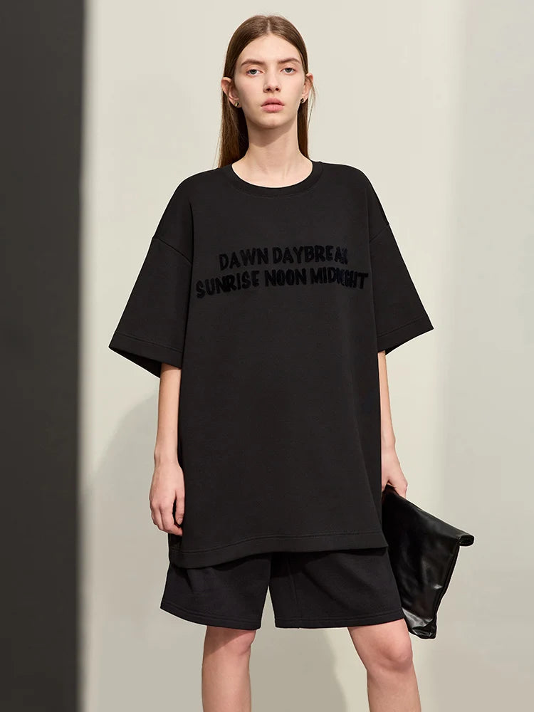  Minimalism Spring T-shirts For Women New Round Neck Letters Embroidery Loose Casual Stretch Short Sleeve Tops  71 427 321 893, 888 912 818848,  BLACK