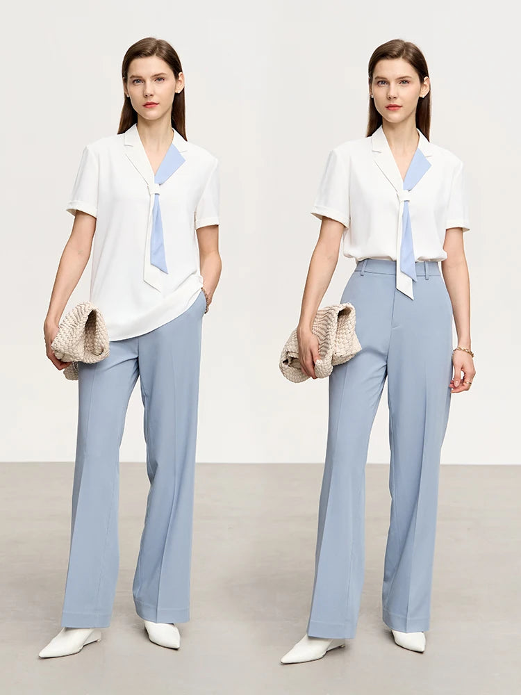 Minimalism Office Lady V Neck Shirts & Blouses Summer New Contrasting Colors Tie Short Sleeves Chiffon Tops  71 427 321 893, 888 912 818848, WHITE